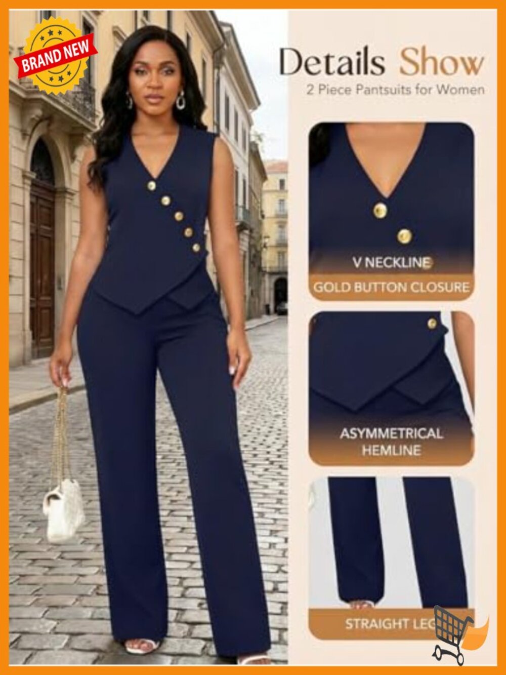 Women Dressy Two Piece Pantsuit Set Sleeveless Blazer Vest with Gold Buttons - Picture 5 of 6